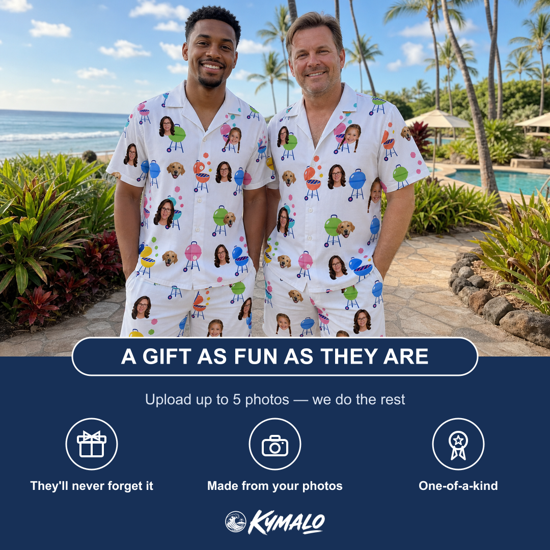 Friends in matching Men's Cousin Cookout Custom Face Shirt & Shorts Set — a group gift photo