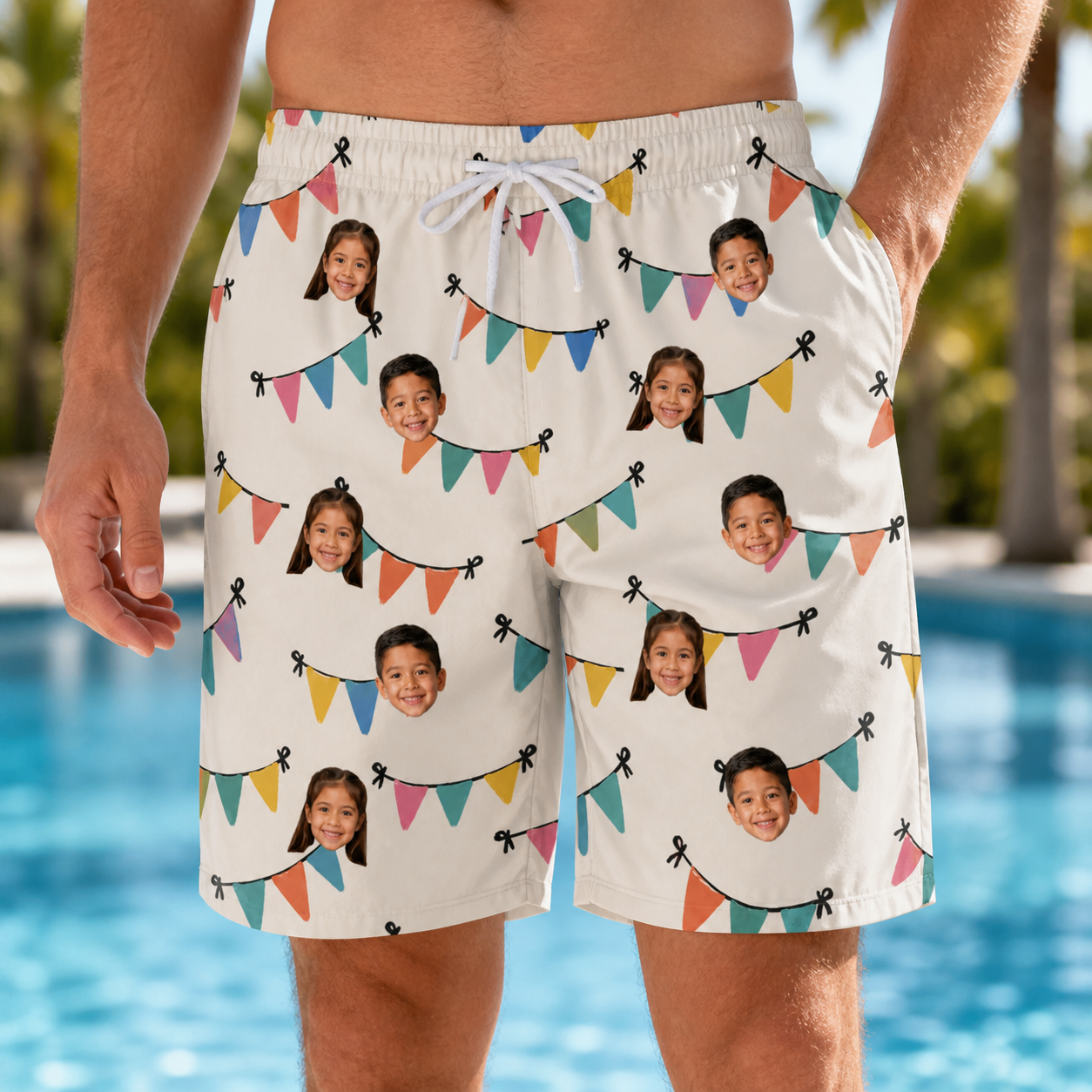 Model wearing Men's Folksy Flutter Custom Face Beach Shorts printed with kids' faces