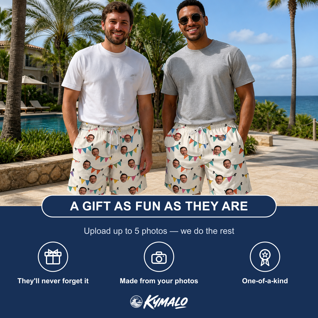 Friends in matching Men's Folksy Flutter Custom Face Beach Shorts — a group gift photo