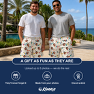 Friends in matching Men's Folksy Flutter Custom Face Beach Shorts — a group gift photo