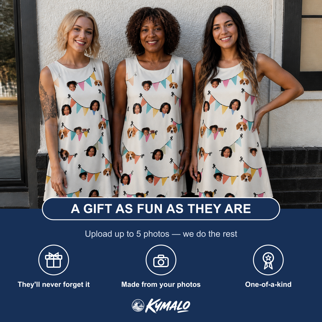 Friends in matching Women's Folksy Flutter Custom Face Tank Dress — a group gift photo