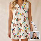 Woman wearing Women's Folksy Flutter Custom Face V-Neck Dress — custom faces printed all-over