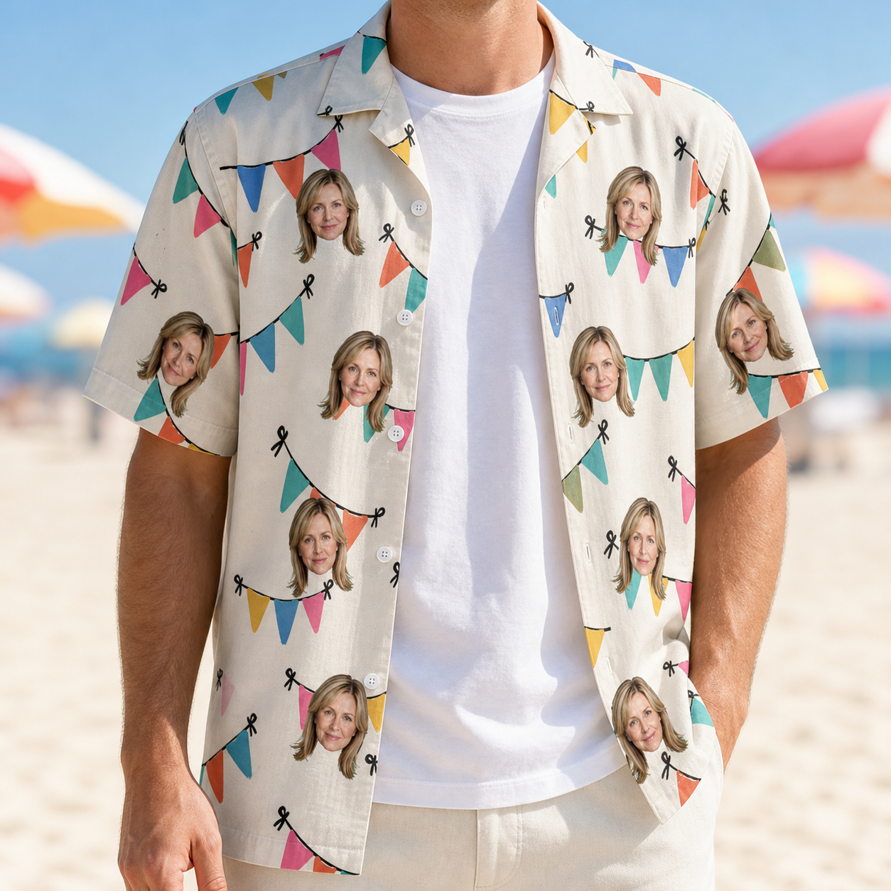 Man wearing Men's Folksy Flutter Custom Face Hawaiian Shirt open over a white tee