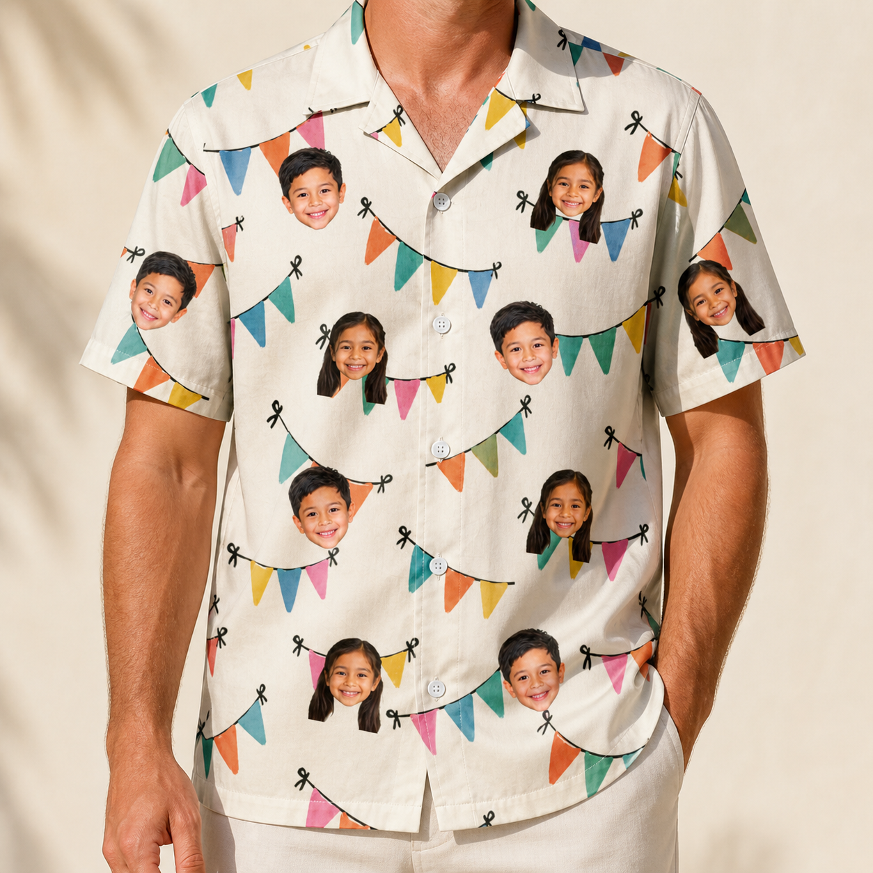 Model wearing Men's Folksy Flutter Custom Face Hawaiian Shirt printed with kids' faces
