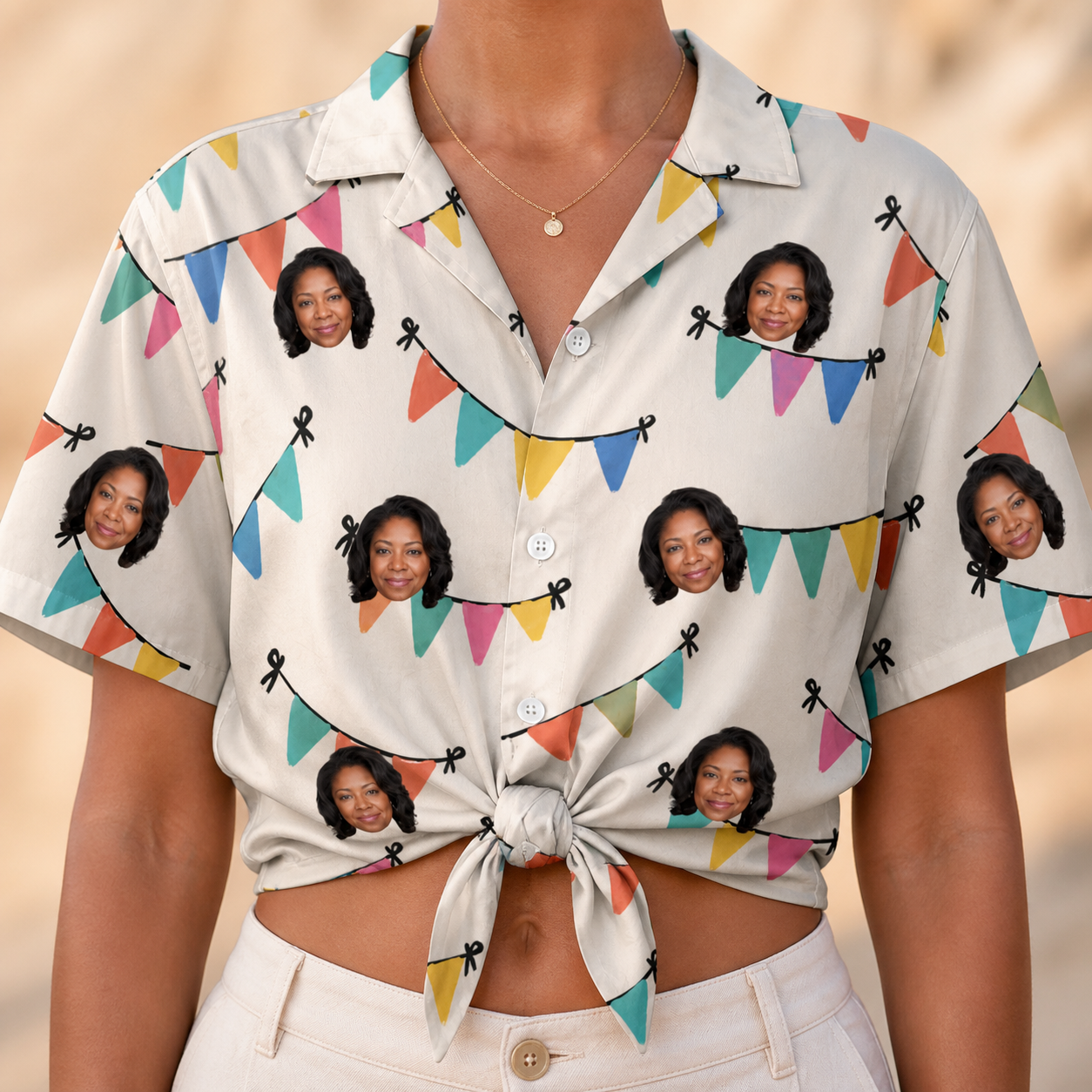 Woman wearing Women's Folksy Flutter Custom Face Hawaiian Shirt tied at the waist