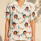 Model wearing Women's Folksy Flutter Custom Face Hawaiian Shirt printed with kids' faces