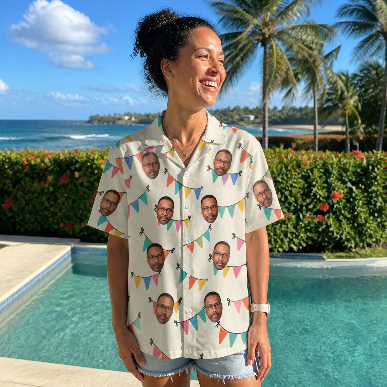 Real-life photo of someone wearing Women's Folksy Flutter Custom Face Hawaiian Shirt — custom faces printed all-over