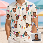 Man wearing Men's Folksy Flutter Custom Face Polo Shirt — custom faces printed all-over