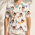 Model wearing Men's Folksy Flutter Custom Face Polo Shirt printed with kids' faces