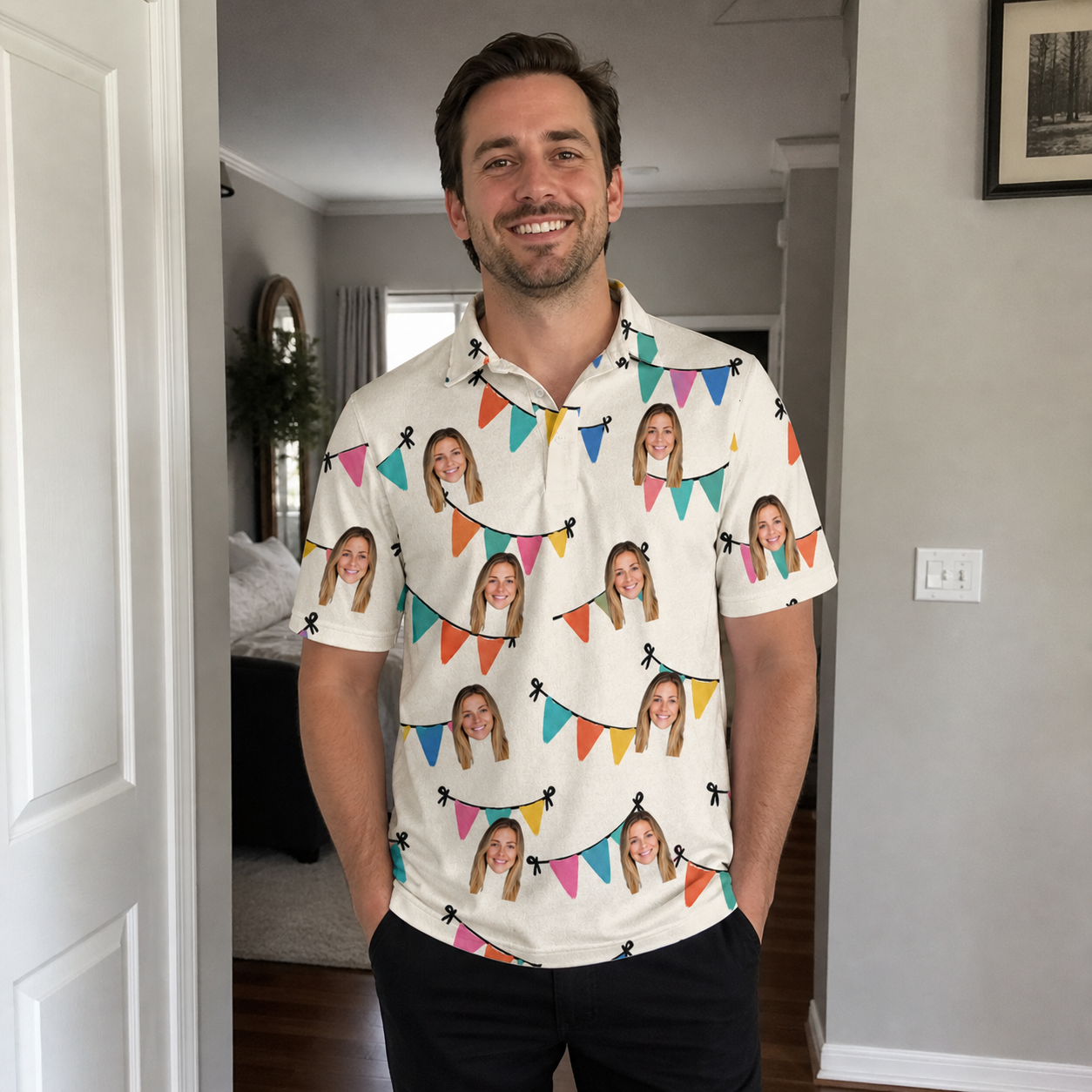 Real-life photo of someone wearing Men's Folksy Flutter Custom Face Polo Shirt — custom faces printed all-over
