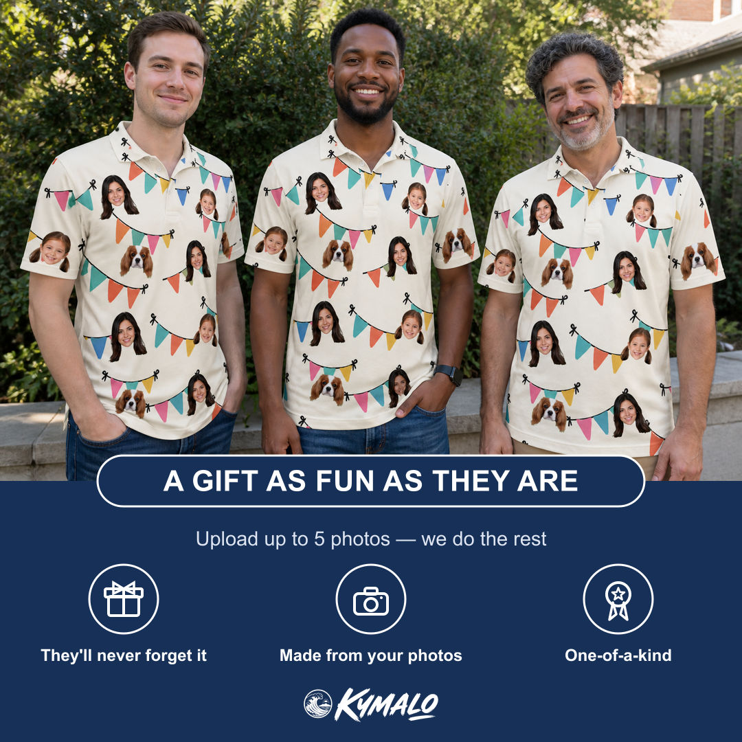 Friends in matching Men's Folksy Flutter Custom Face Polo Shirt — a group gift photo