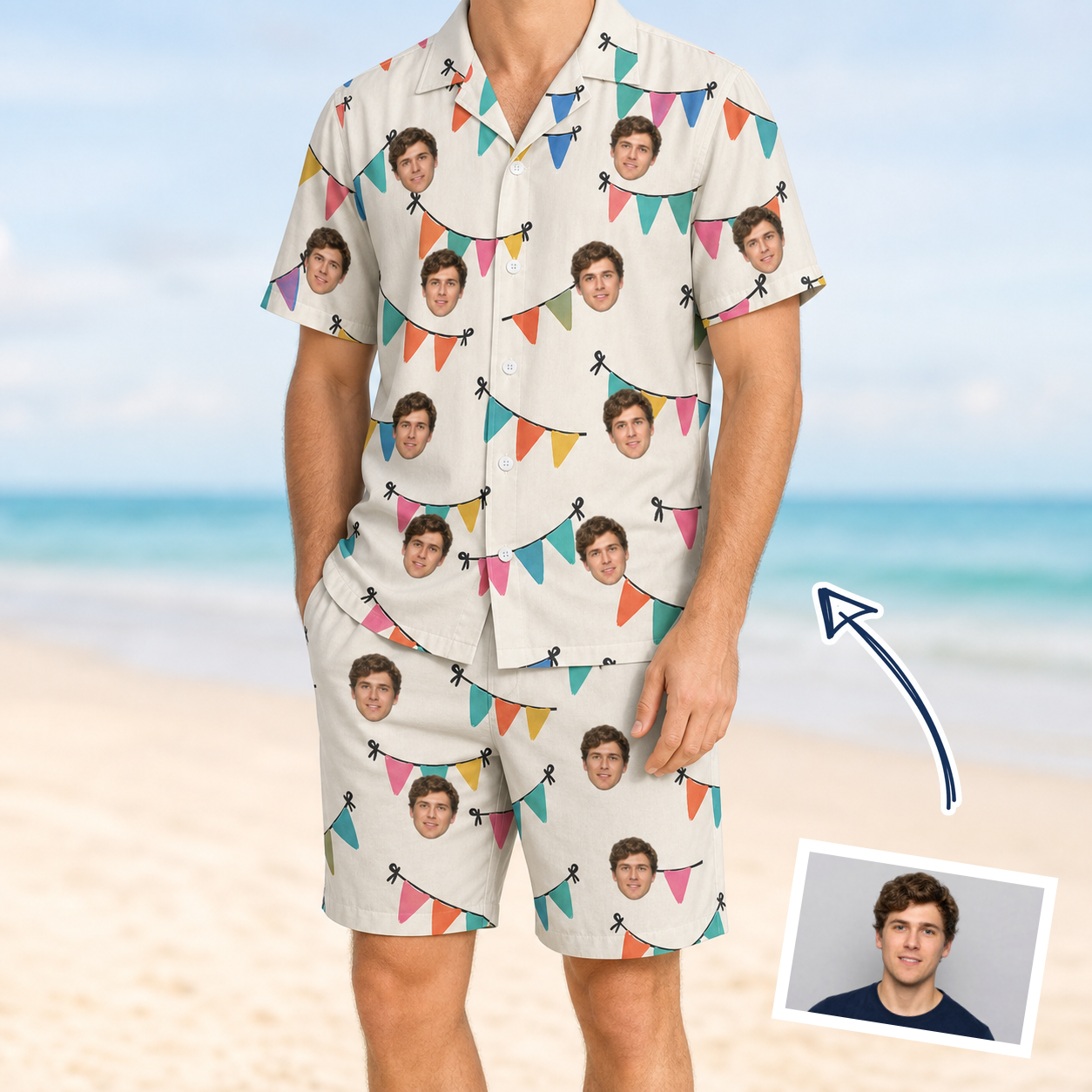 Man wearing Men's Folksy Flutter Custom Face Shirt & Shorts Set — custom faces printed all-over
