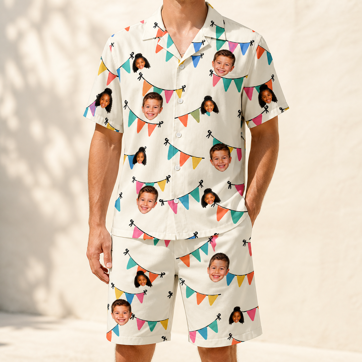 Model wearing Men's Folksy Flutter Custom Face Shirt & Shorts Set printed with kids' faces