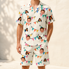 Model wearing Men's Folksy Flutter Custom Face Shirt & Shorts Set printed with kids' faces