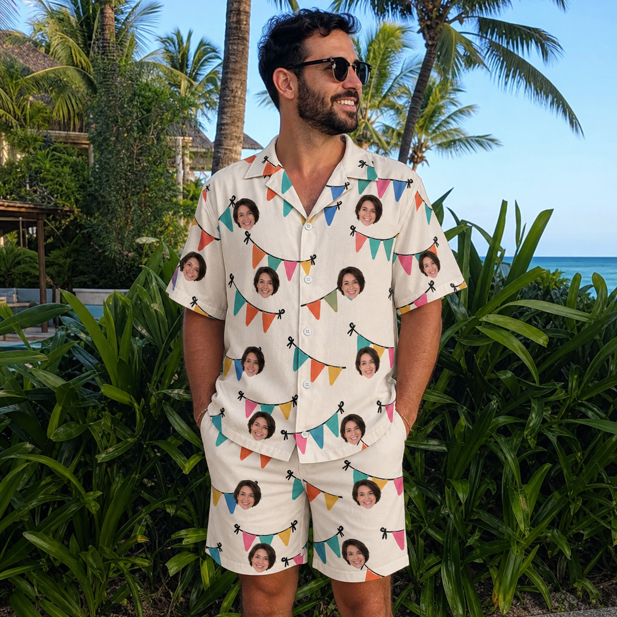 Real-life photo of someone wearing Men's Folksy Flutter Custom Face Shirt & Shorts Set — custom faces printed all-over