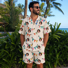 Real-life photo of someone wearing Men's Folksy Flutter Custom Face Shirt & Shorts Set — custom faces printed all-over