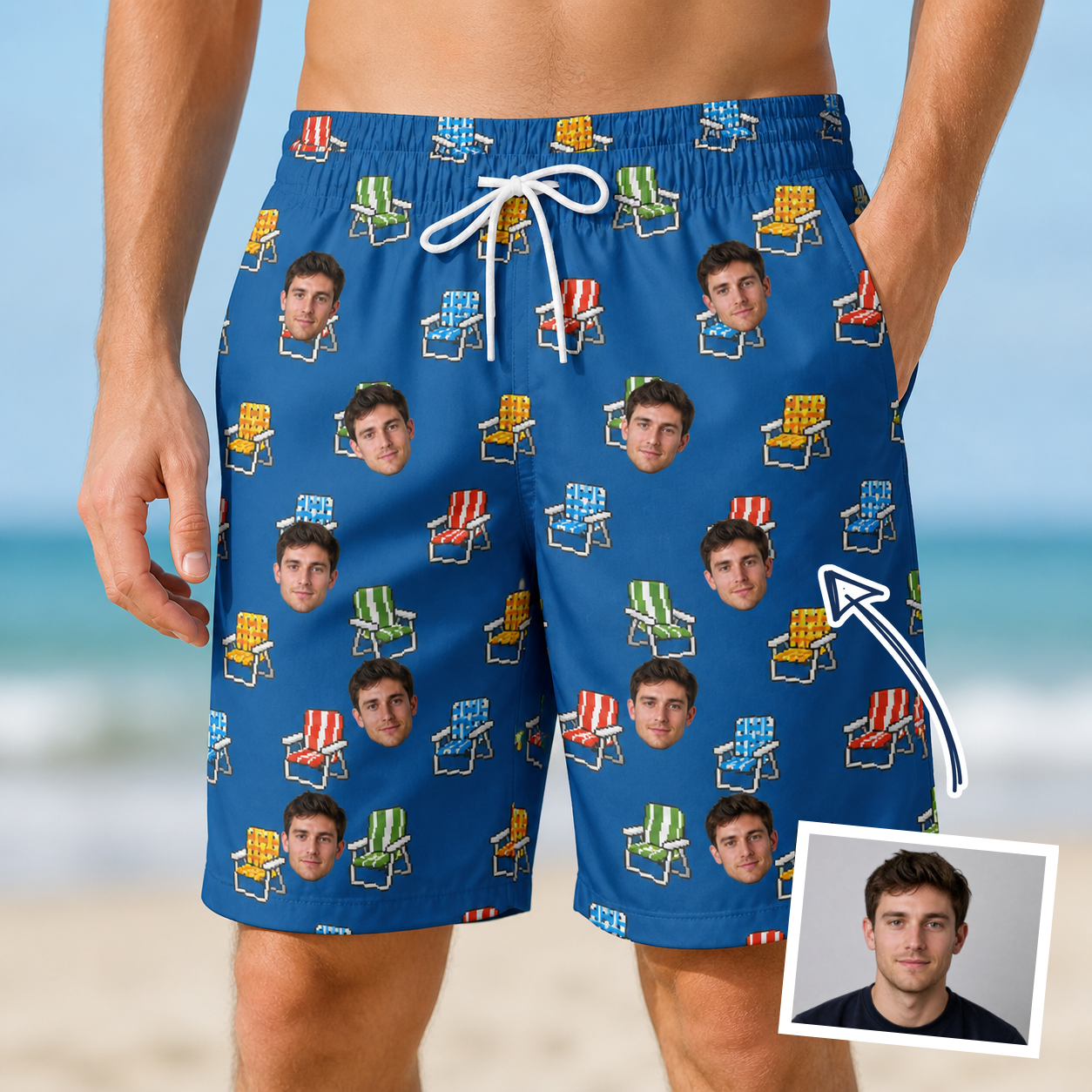 Man wearing Men's Patio Perch Custom Face Beach Shorts — custom faces printed all-over