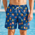 Model wearing Men's Patio Perch Custom Face Beach Shorts printed with kids' faces