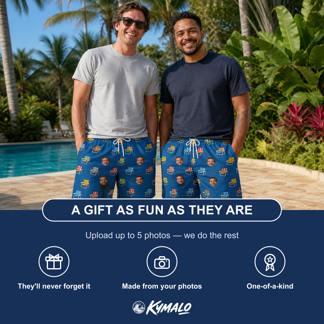 Friends in matching Men's Patio Perch Custom Face Beach Shorts — a group gift photo