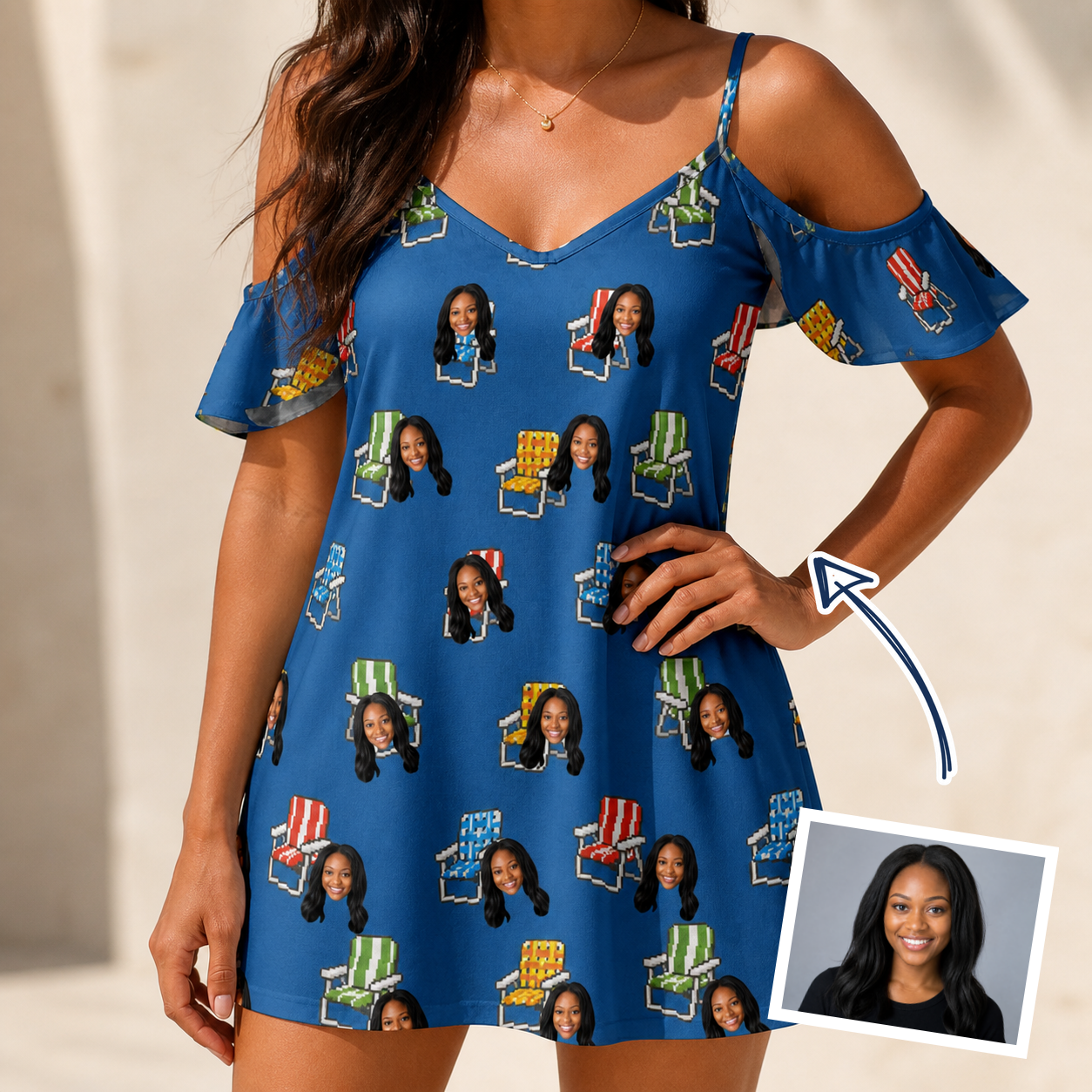 Woman wearing Women's Patio Perch Custom Face Off-Shoulder Dress — custom faces printed all-over