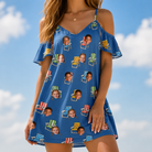 Model wearing Women's Patio Perch Custom Face Off-Shoulder Dress printed with kids' faces