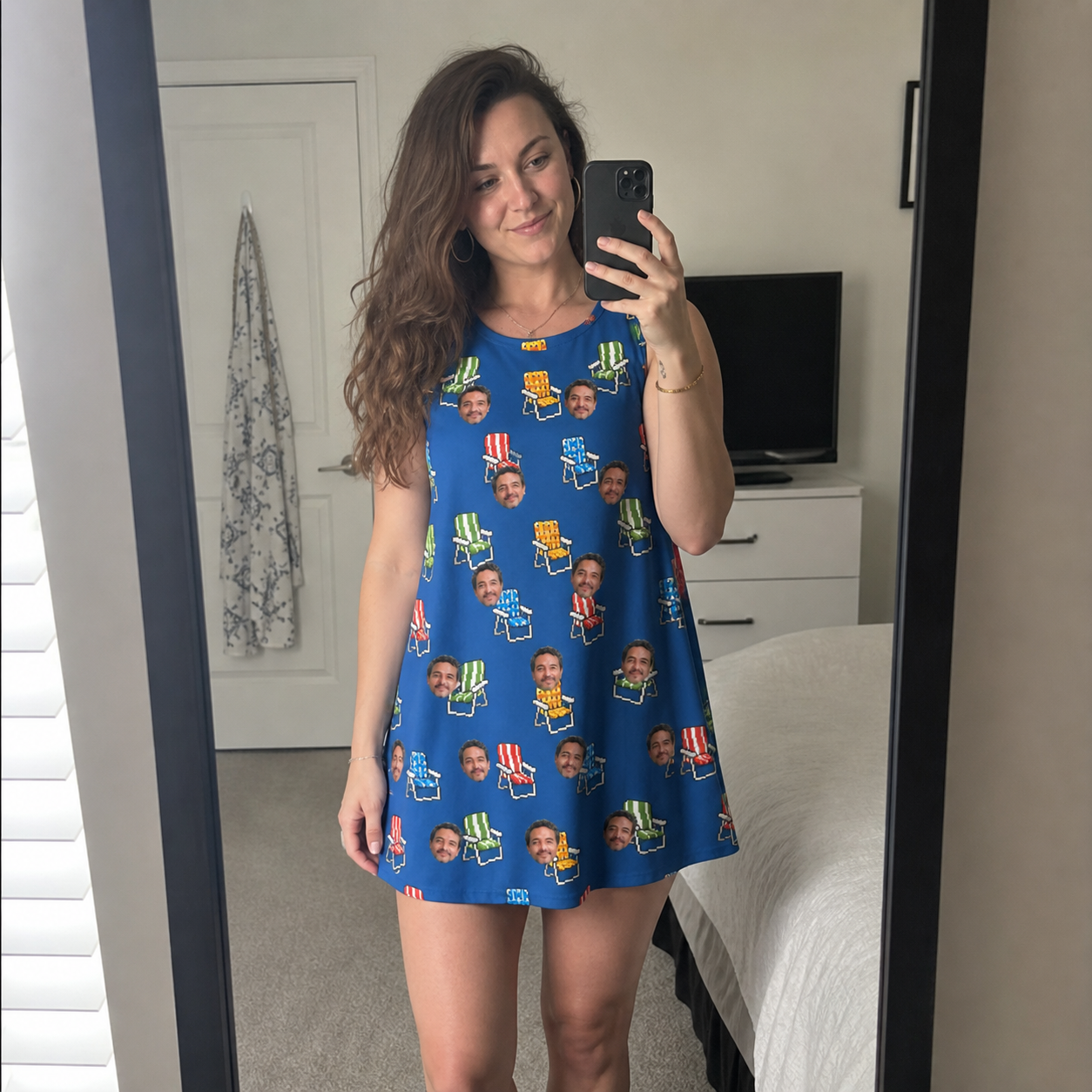 Real-life photo of someone wearing Women's Patio Perch Custom Face Tank Dress — custom faces printed all-over