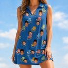 Model wearing Women's Patio Perch Custom Face V-Neck Dress printed with kids' faces
