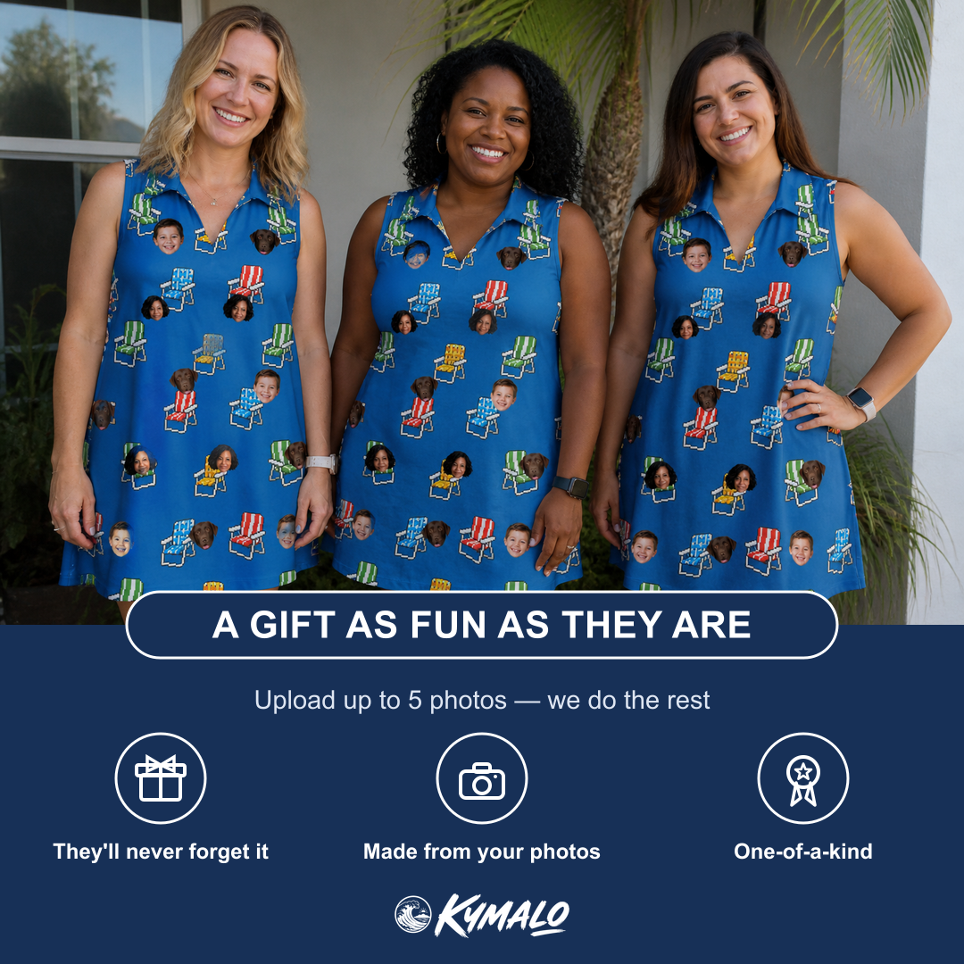 Friends in matching Women's Patio Perch Custom Face V-Neck Dress — a group gift photo