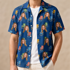 Man wearing Men's Patio Perch Custom Face Hawaiian Shirt open over a white tee