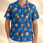Model wearing Men's Patio Perch Custom Face Hawaiian Shirt printed with kids' faces