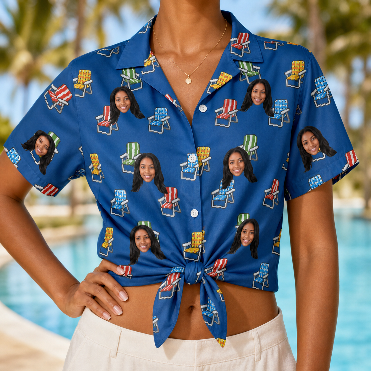 Woman wearing Women's Patio Perch Custom Face Hawaiian Shirt tied at the waist