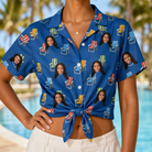 Woman wearing Women's Patio Perch Custom Face Hawaiian Shirt tied at the waist