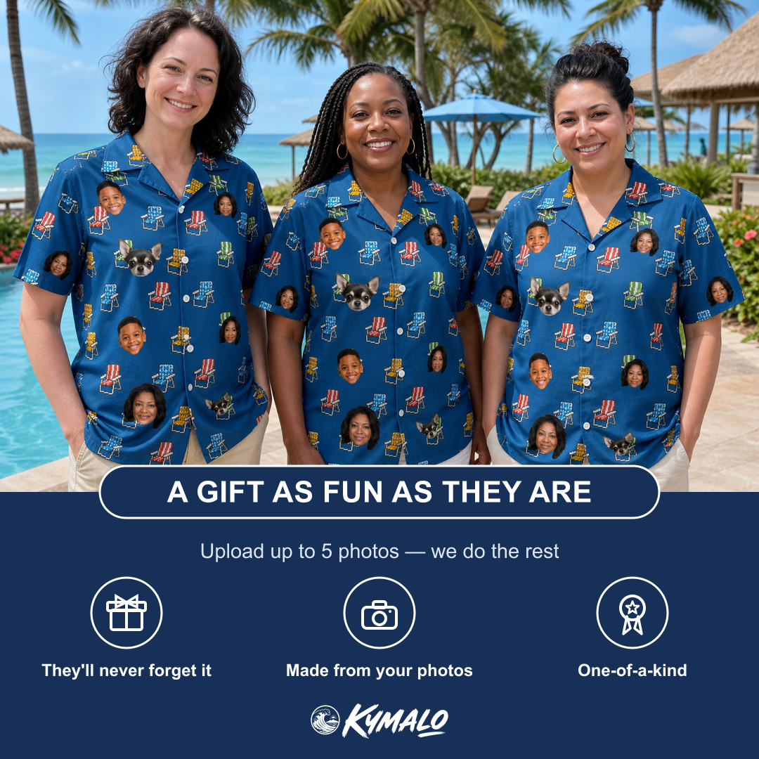 Friends in matching Women's Patio Perch Custom Face Hawaiian Shirt — a group gift photo