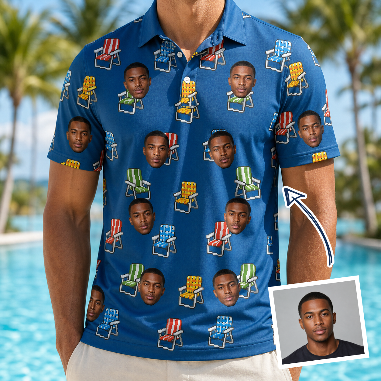 Man wearing Men's Patio Perch Custom Face Polo Shirt — custom faces printed all-over