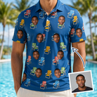 Man wearing Men's Patio Perch Custom Face Polo Shirt — custom faces printed all-over