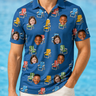 Model wearing Men's Patio Perch Custom Face Polo Shirt printed with kids' faces
