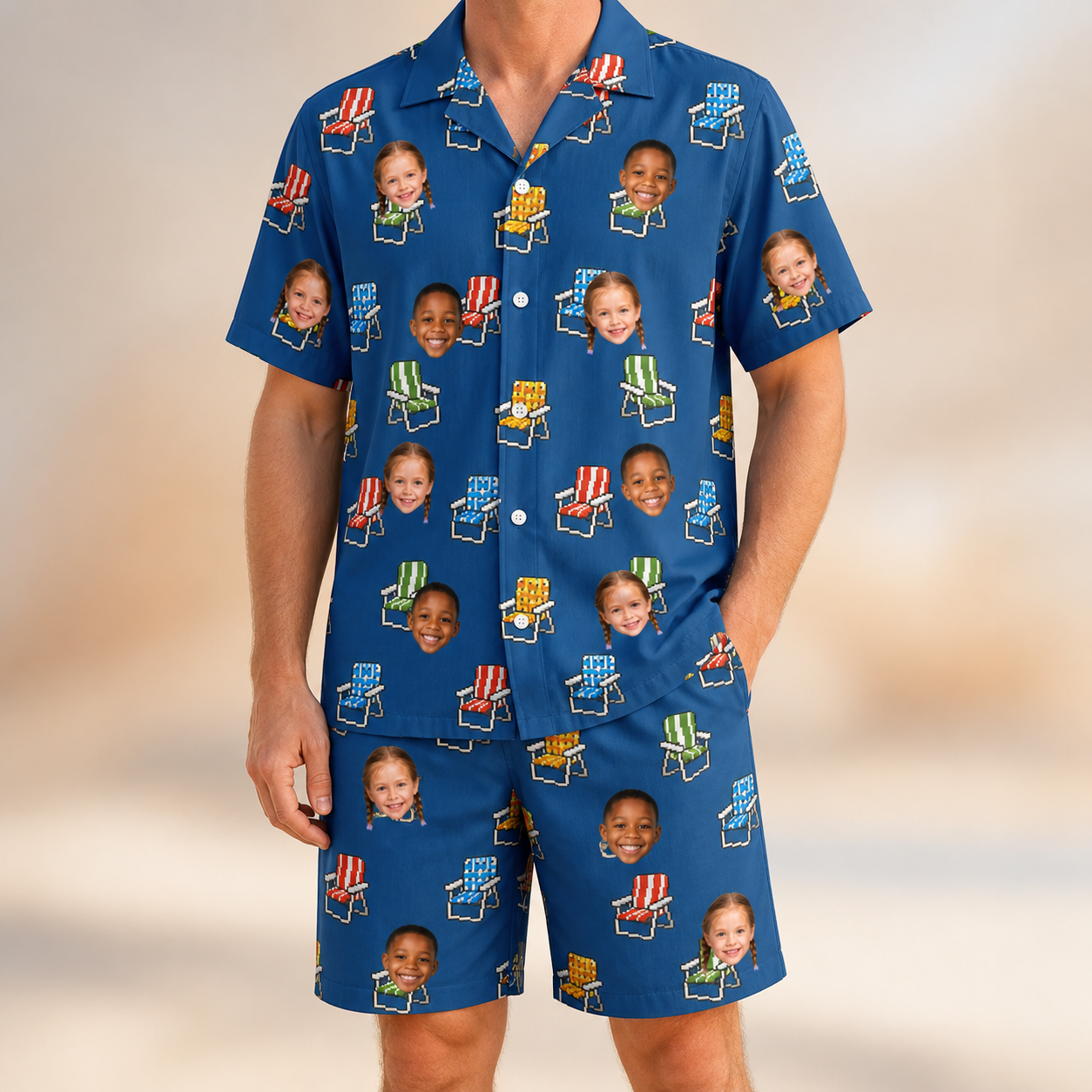 Model wearing Men's Patio Perch Custom Face Shirt & Shorts Set printed with kids' faces