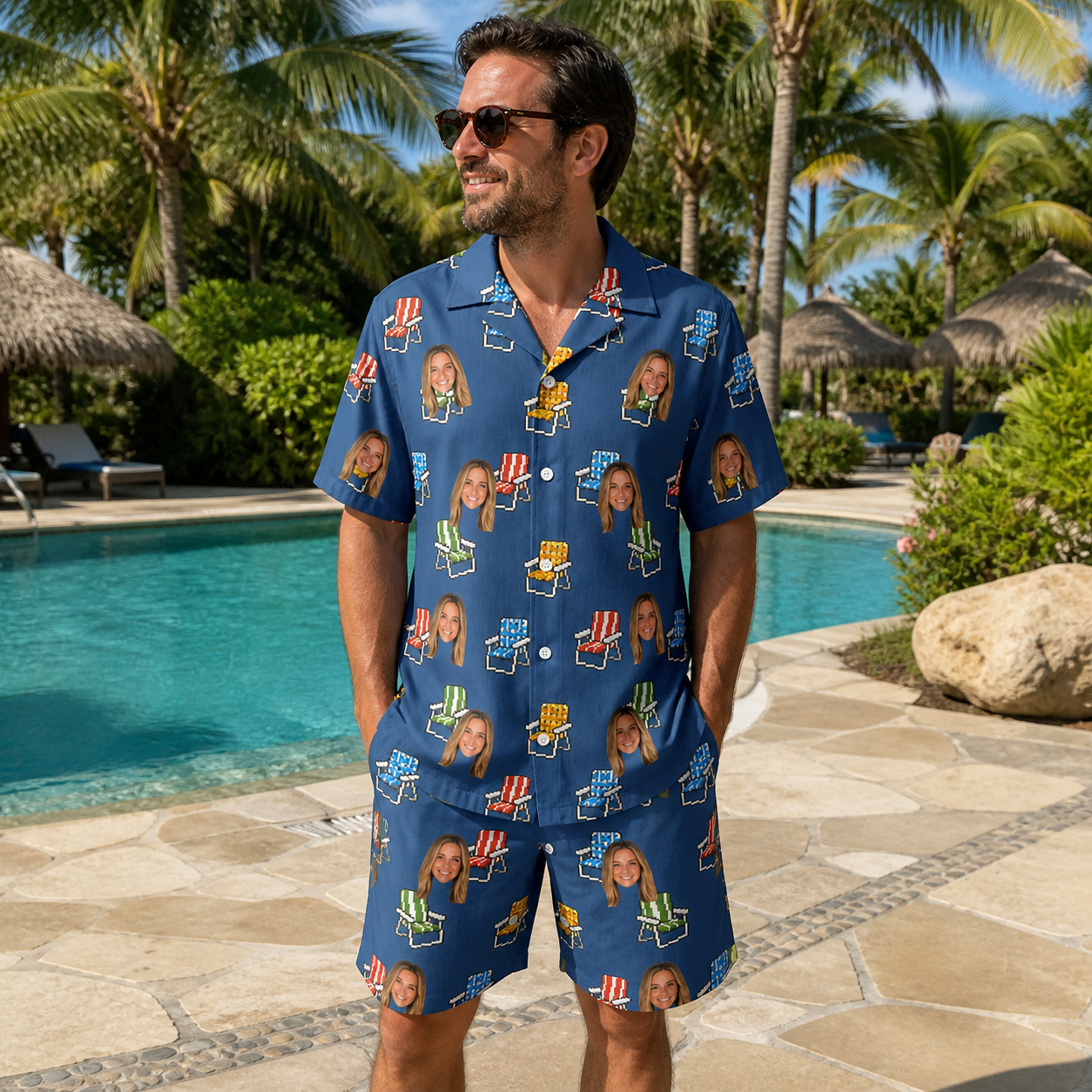 Real-life photo of someone wearing Men's Patio Perch Custom Face Shirt & Shorts Set — custom faces printed all-over