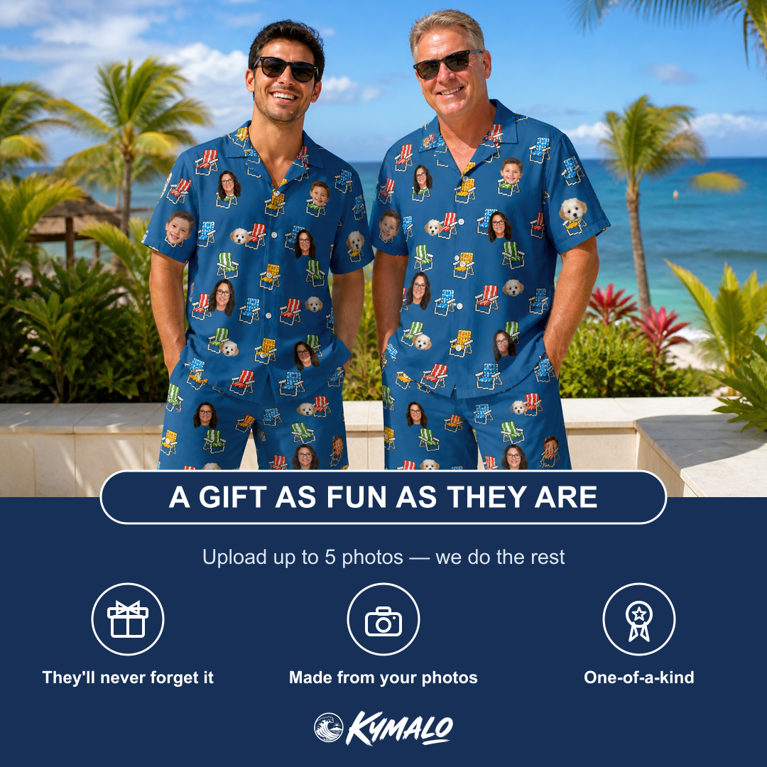 Friends in matching Men's Patio Perch Custom Face Shirt & Shorts Set — a group gift photo