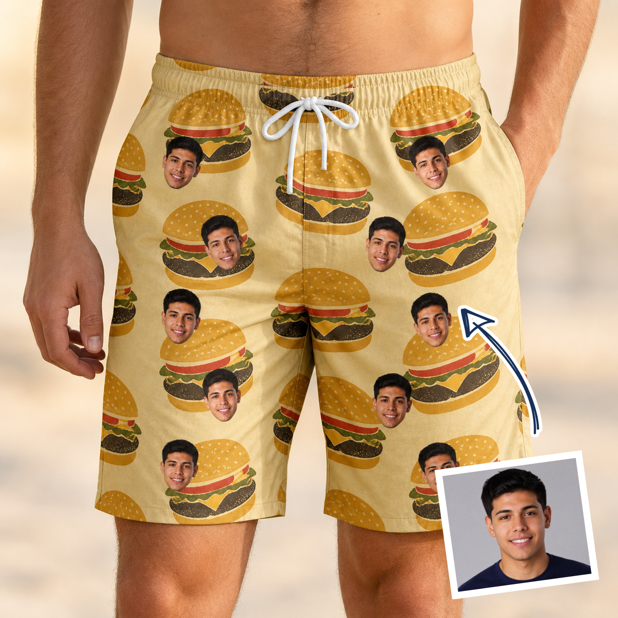 Man wearing Men's Patty Potluck Custom Face Beach Shorts — custom faces printed all-over