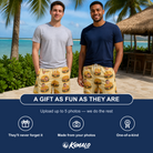 Friends in matching Men's Patty Potluck Custom Face Beach Shorts — a group gift photo