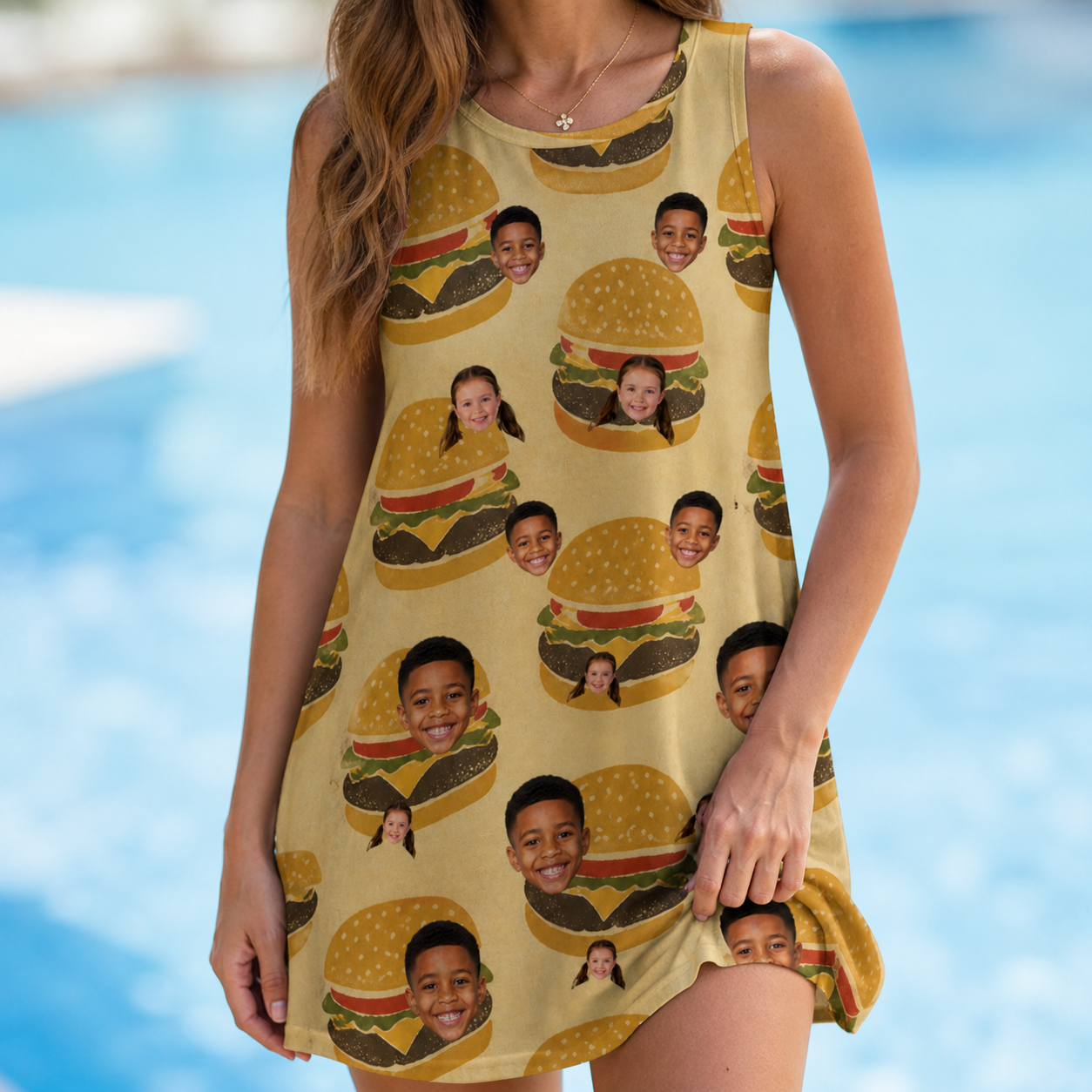 Model wearing Women's Patty Potluck Custom Face Tank Dress printed with kids' faces