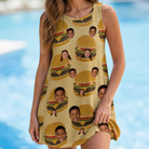 Model wearing Women's Patty Potluck Custom Face Tank Dress printed with kids' faces