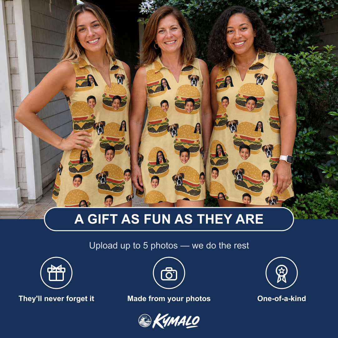 Friends in matching Women's Patty Potluck Custom Face V-Neck Dress — a group gift photo