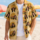 Man wearing Men's Patty Potluck Custom Face Hawaiian Shirt open over a white tee