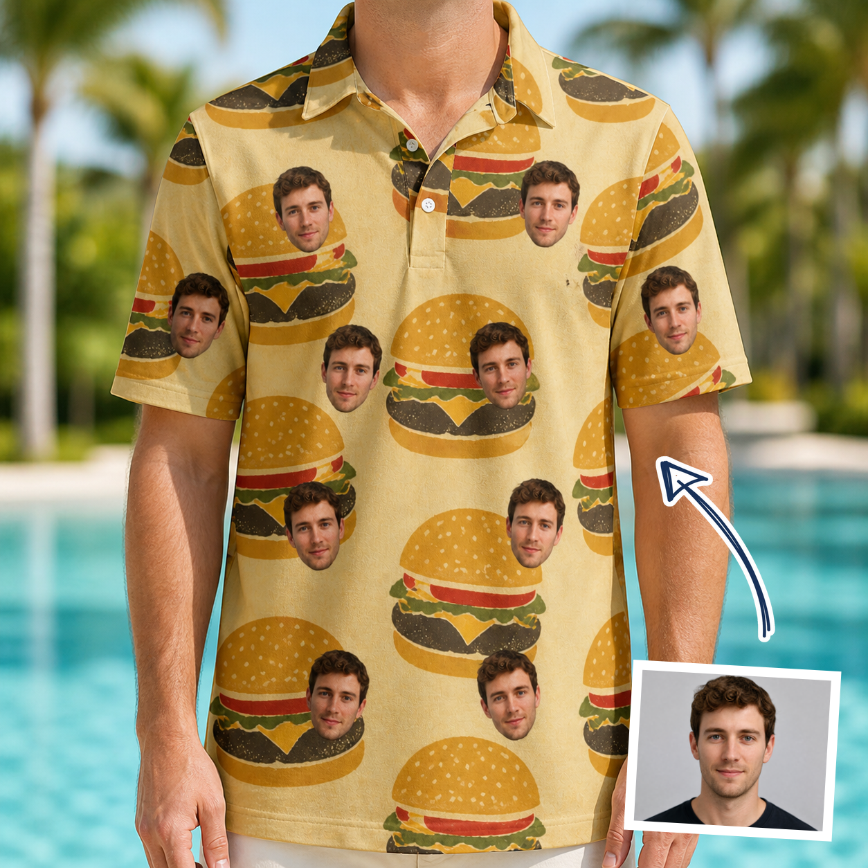 Man wearing Men's Patty Potluck Custom Face Polo Shirt — custom faces printed all-over