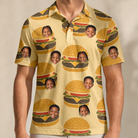 Model wearing Men's Patty Potluck Custom Face Polo Shirt printed with kids' faces