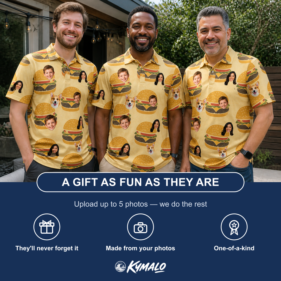 Friends in matching Men's Patty Potluck Custom Face Polo Shirt — a group gift photo