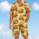 Model wearing Men's Patty Potluck Custom Face Shirt & Shorts Set printed with kids' faces