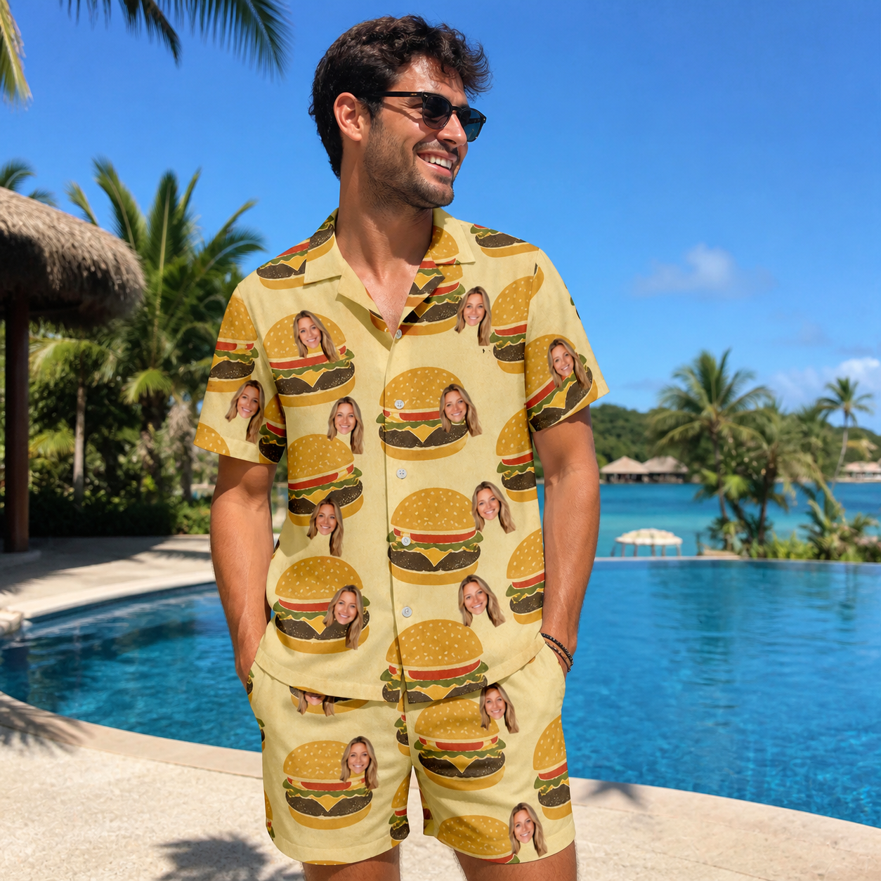 Real-life photo of someone wearing Men's Patty Potluck Custom Face Shirt & Shorts Set — custom faces printed all-over